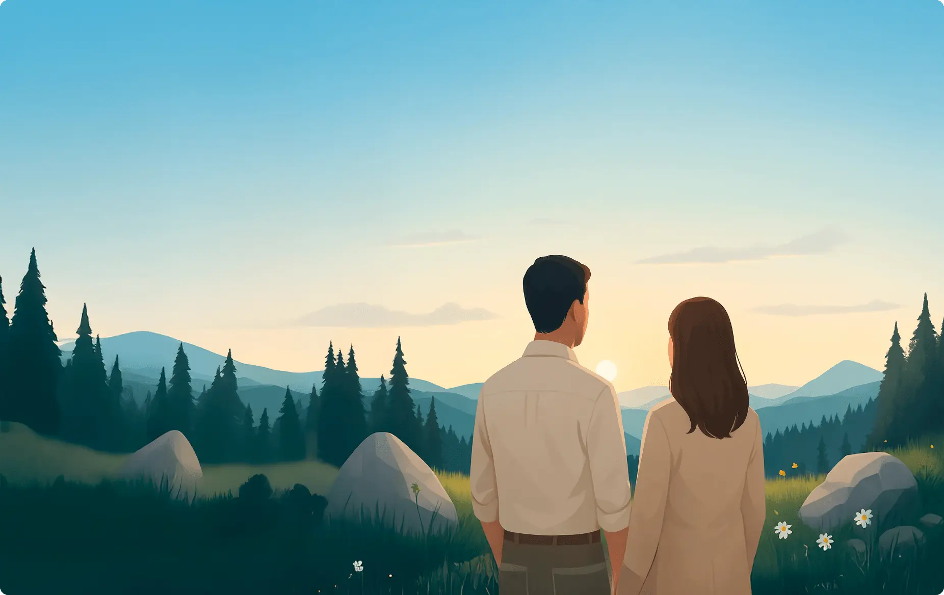 Peaceful sunset landscape with couple silhouette